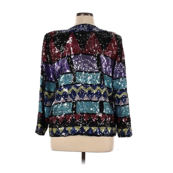 VTG Jean For Joseph Le Bon Silk Sequin Sparkle Funky 90s Geometric Jacket XL - Picture 2 of 3